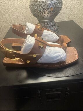 Vince Camuto Brown Leather Studded Slingback Sandals